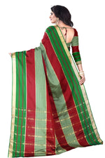 Womens Red Green Color Cotton Silk Saree With Plain With Jari Border Work