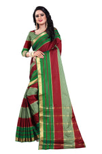 Womens Red Green Color Cotton Silk Saree With Plain With Jari Border Work