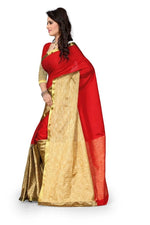 Womens Red Color Cotton Silk Saree With Plain  Work