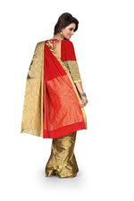Womens Red Color Cotton Silk Saree With Plain  Work