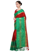 Cotton Silk Red And Green Color Plain Saree in crepe pattern With Blouse
