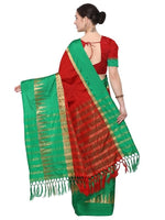 Cotton Silk Red And Green Color Plain Saree in crepe pattern With Blouse