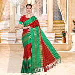 Cotton Silk Red And Green Color Plain Saree in crepe pattern With Blouse