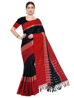 Cotton Silk Black And Red Color Plain Saree in crepe pattern With Blouse