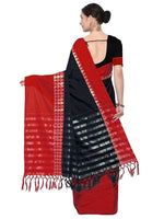 Cotton Silk Black And Red Color Plain Saree in crepe pattern With Blouse