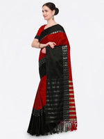 Cotton Silk Black And Red Color Plain Saree in crepe pattern With Blouse
