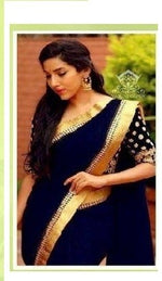 Womens Navy Color Pure Silk Saree With Blouse