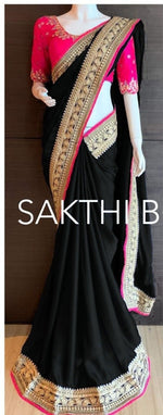 Womens Black Color Satin Georgette Saree With Blouse