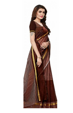 Chanderi Cotton Brown Color Plain Saree in crepe pattern With Blouse