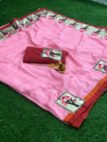 Womens Pink Color Vichitra Silk Saree With Embroidery Work