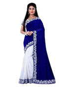 Womens Blue Color Satin Velvet Saree With Embroidery Work