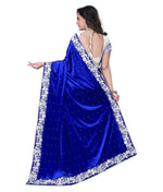 Womens Blue Color Satin Velvet Saree With Embroidery Work