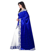 Womens Blue Color Satin Velvet Saree With Embroidery Work