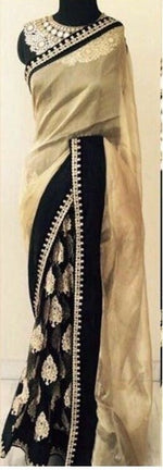 Womens Cream Color Georgette Saree With MirrorBlouse