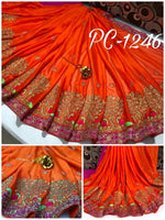 Womens Orange Color Rangoli Silk Saree With Embroidery & Zari & Diamonds  Work