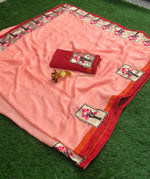 Womens Peach Color Vichitra Silk Saree With Embroidery Work