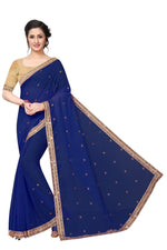 Womens Blue Color Satin Georgette Saree With Embroidery Work