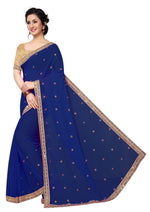 Womens Blue Color Satin Georgette Saree With Embroidery Work