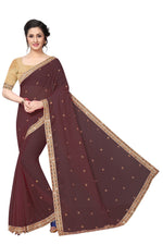 Womens Coffee Color Satin Georgette Saree With Embroidery Work