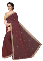 Womens Coffee Color Satin Georgette Saree With Embroidery Work