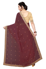 Womens Coffee Color Satin Georgette Saree With Embroidery Work