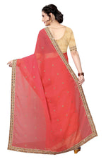 Womens Gajari Color Satin Georgette Saree With Embroidery Work