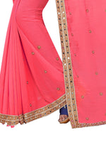 Womens Peach Color Satin Georgette Saree With Embroidery Work