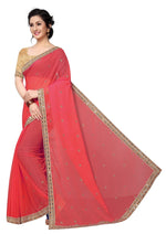 Womens Peach Color Satin Georgette Saree With Embroidery Work