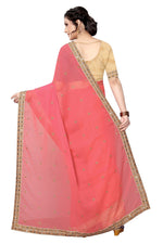 Womens Peach Color Satin Georgette Saree With Embroidery Work