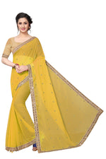 Womens Yellow Color Satin Georgette Saree With Embroidery Work