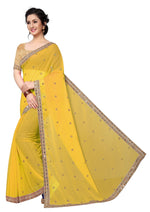 Womens Yellow Color Satin Georgette Saree With Embroidery Work