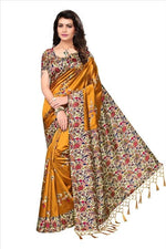 Mysore Silk Golden Color Printed Saree In Heavy Pallu With Blouse