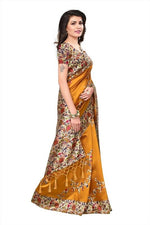 Mysore Silk Golden Color Printed Saree In Heavy Pallu With Blouse