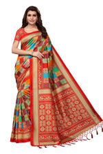 Mysore Silk Orange Color In Heavy Border Multi Check Print Saree With Blouse