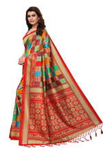 Mysore Silk Orange Color In Heavy Border Multi Check Print Saree With Blouse