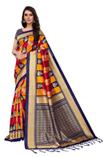 Mysore Silk Navy Blue Color In Heavy Border Multi Check Print Saree With Blouse