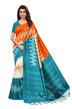 Mysore Silk OrangeTeal Color Printed Saree With Blouse