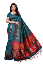 Mysore Silk Teal Color Printed Saree With Blouse