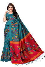 Mysore Silk Teal Color Bird Print Saree With Blouse