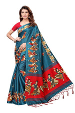 Mysore Silk Teal Color Handloom Print Saree With Blouse