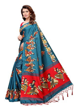 Mysore Silk Teal Color Handloom Print Saree With Blouse