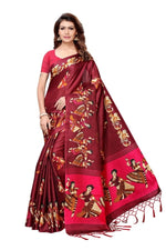 Mysore Silk Maroon Color Handloom Print Saree With Blouse