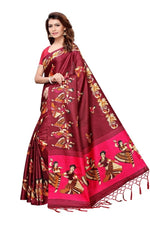 Mysore Silk Maroon Color Handloom Print Saree With Blouse