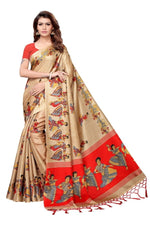 Mysore Silk Cream Color Handloom Print Saree With Blouse