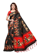 Mysore Silk Black Color Handloom Print Saree With Blouse