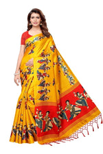 Mysore Silk Yellow Color Handloom Print Saree With Blouse
