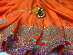 Womens Orange Color Rangoli Silk Saree With Embroidery & Zari & Diamonds  Work