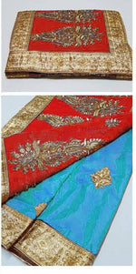 Womens SkyBlue-Red Color Georgette And Paper Silk Saree With Blouse