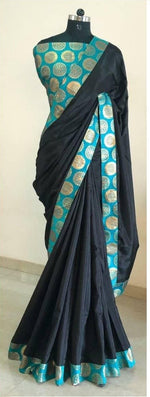 Womens Rama Color Sana Silk Saree With Jacquard Less And Blouse