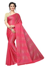 Womens Pink Color Satin Poly Silk Saree With Foil Work